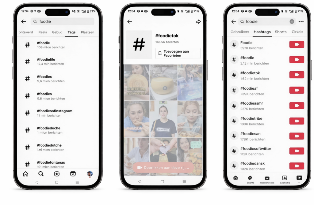 Hashtag search examples on Instagram, TikTok and YouTube