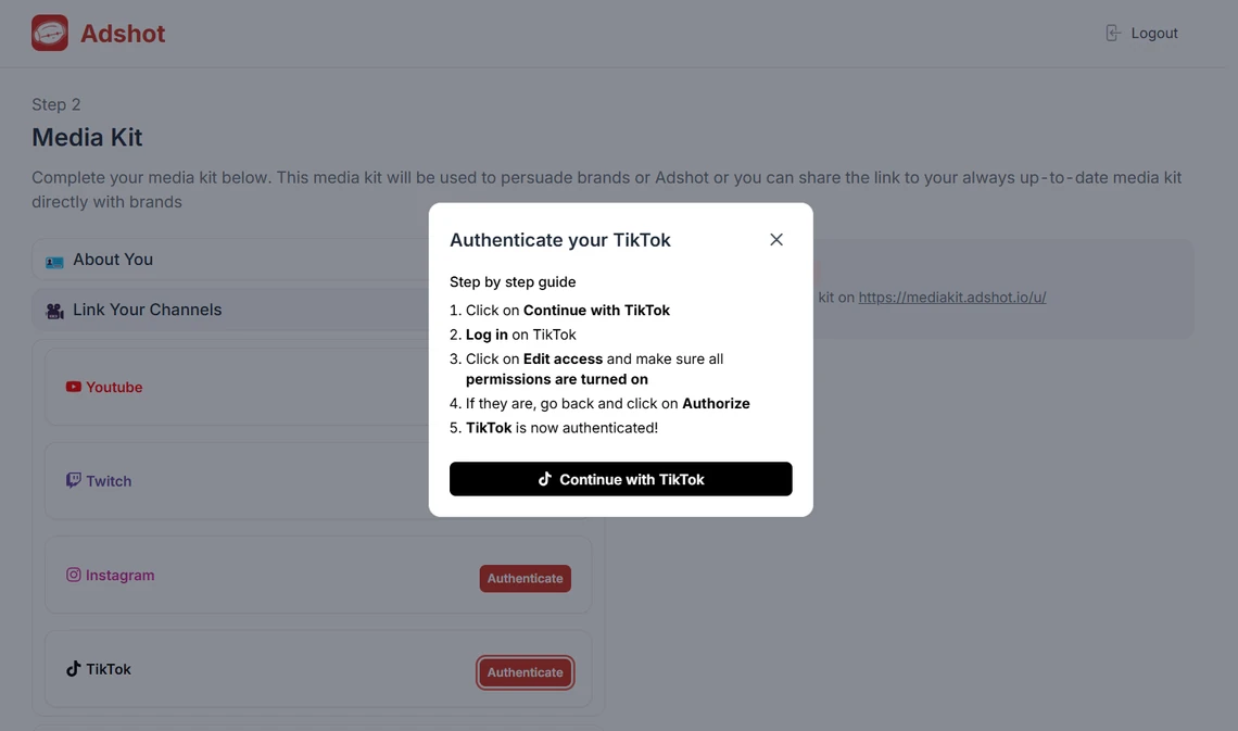 Adshot creator social authentication screen