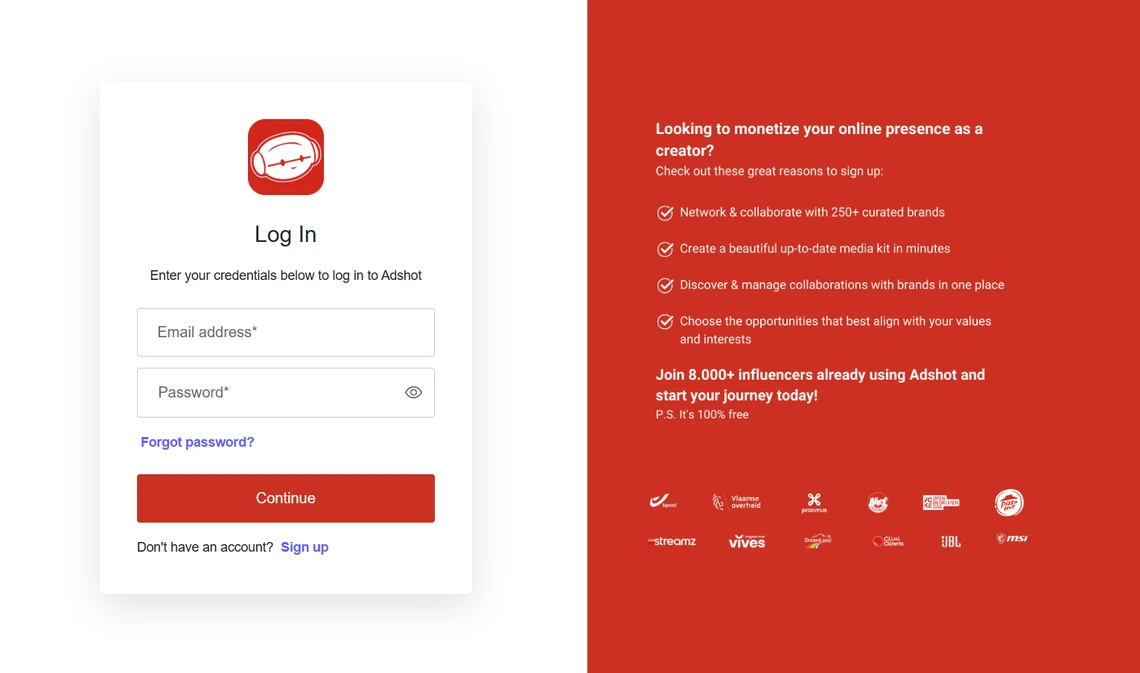 Adshot creator account signup screen